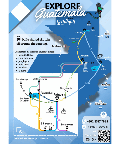 carte avec les routes et temps de transports des shuttles au Guatemala